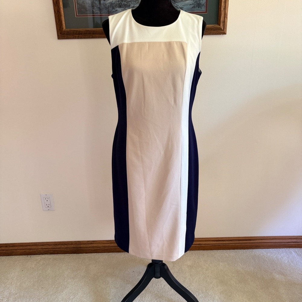 Roz & Ali Womens Navy Cream Tan Colorblock Sleeveless Sheath Dress Size 12
